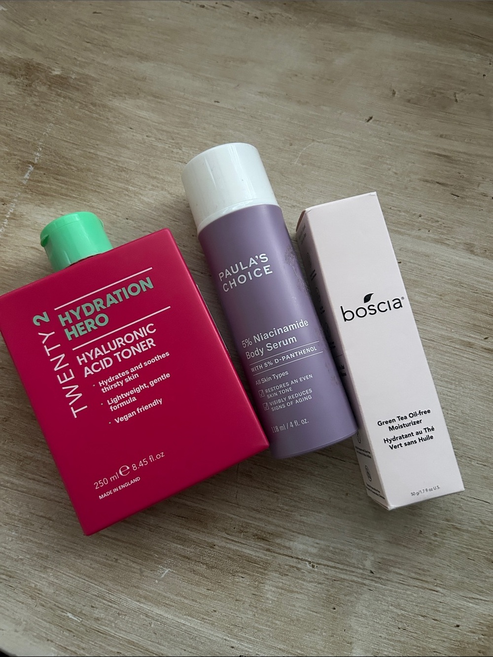 3 new products! Boscia moisturizer, Paula’s Choice body serum, and Twenty2 toner